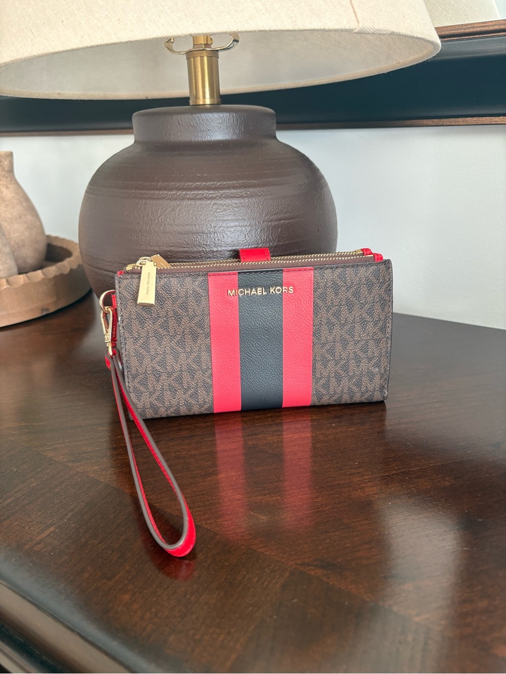 Michael Kors Brown Monogram Bright Red Stripe Logo Double Zip Wristlet
